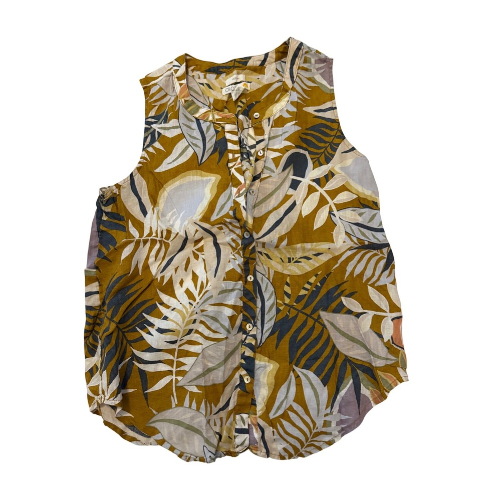 C&C California 100% Linen Tropical Leaf Print Sleeveless Button Down Top Mustard